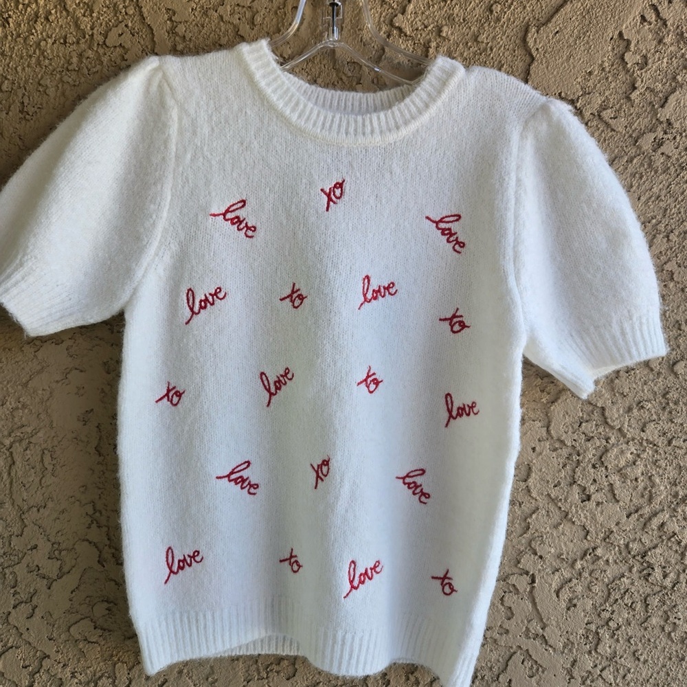 Cynthia Rowley Love Script Sweater White & Red Embroidered Puff Sleeve NWT XS